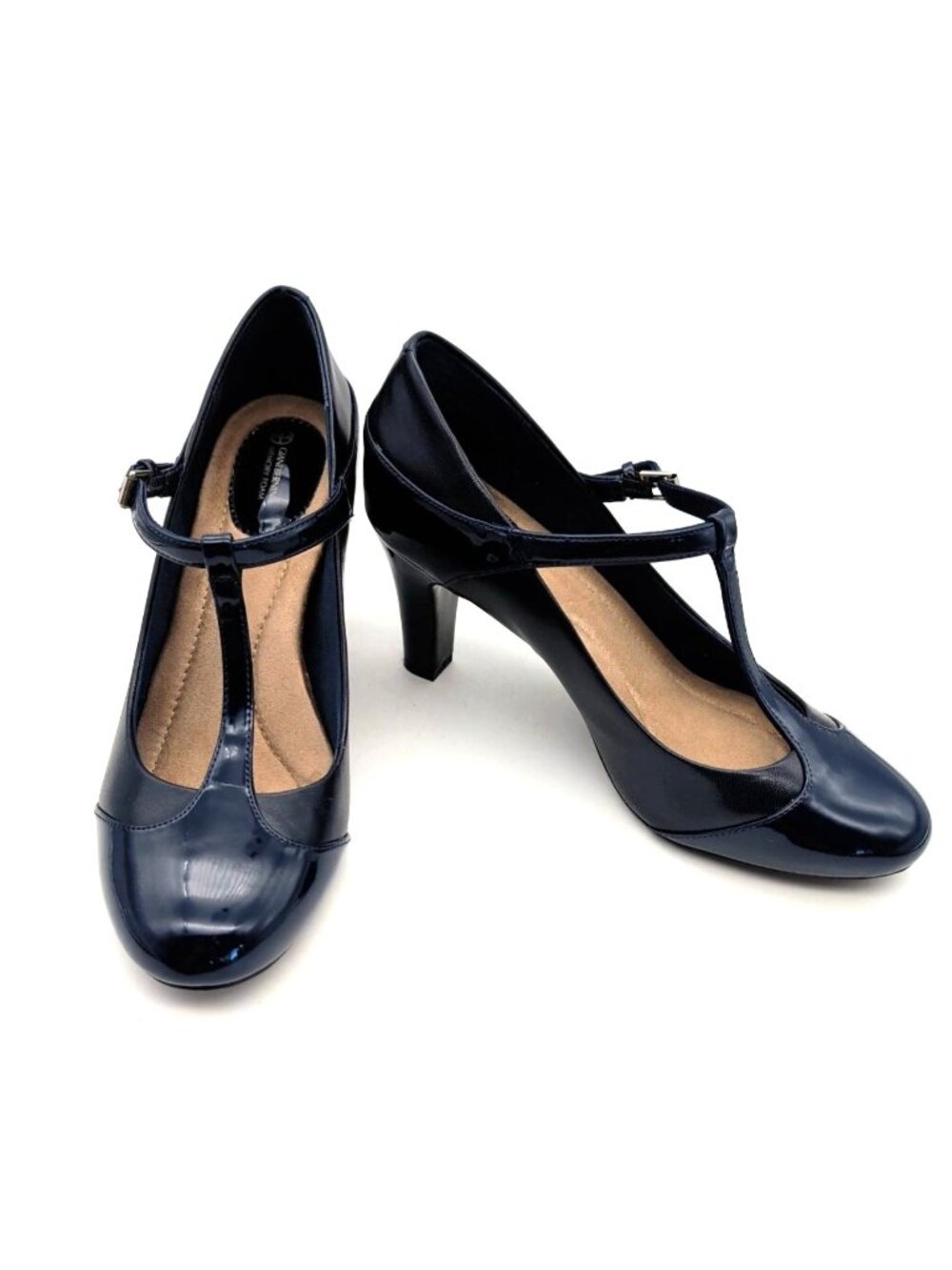 Womens Giani Bernini Memory Foam Leather Mary Jane T Strap Navy Blue Heels 9.5